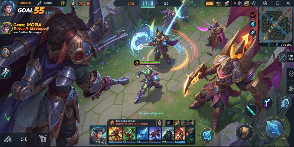 Screenshot gameplay MOBA menampilkan pertempuran intens antara karakter.