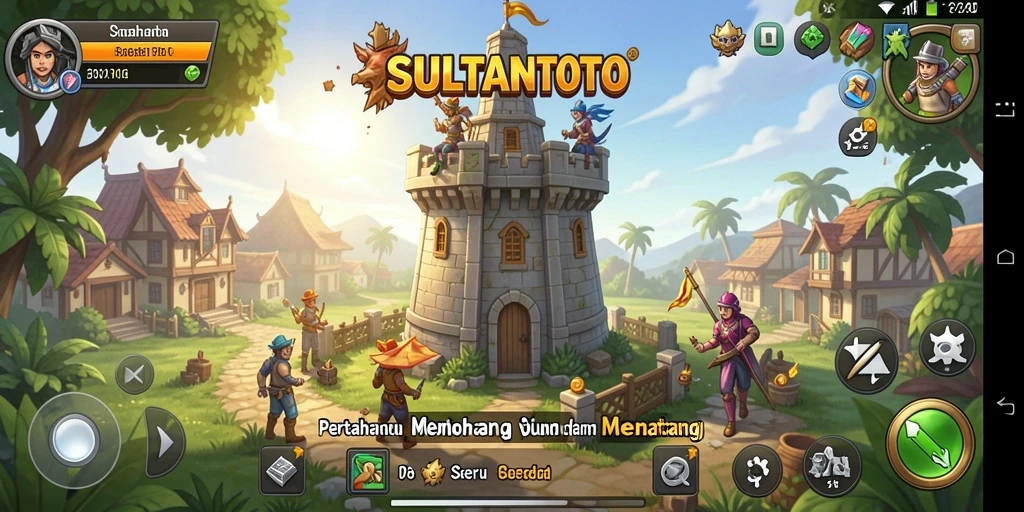 Tangkapan layar gameplay SULTANTOTO menampilkan menara yang berfungsi dengan baik melawan serangan musuh.